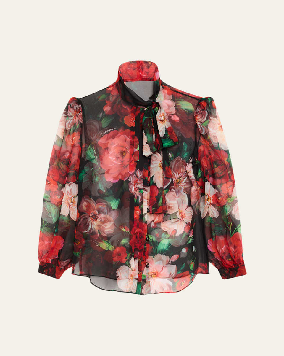 Rose Bouquet Chiffon Neck-Tie Blouse